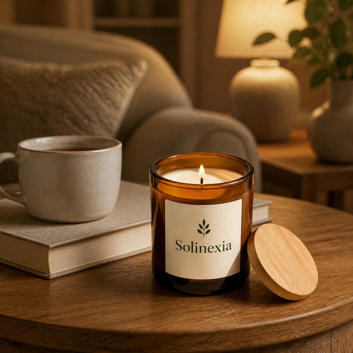 Solinexia amber-reverie-botanical-candle in a real home setting