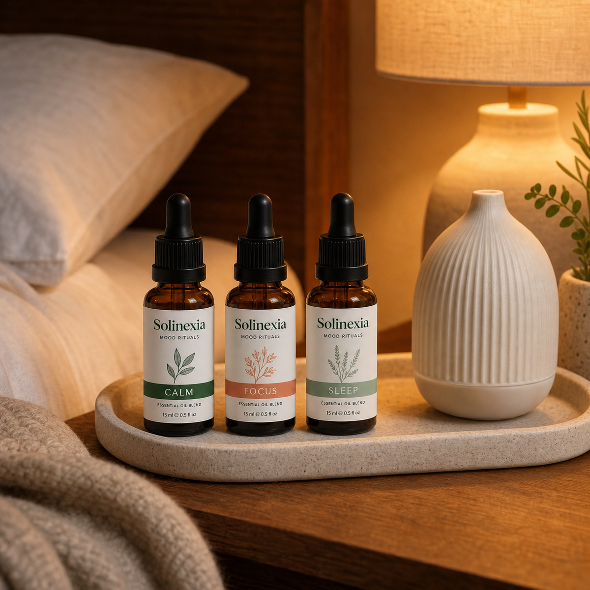 Solinexia mood-rituals-essential-oil-trio in a real home setting